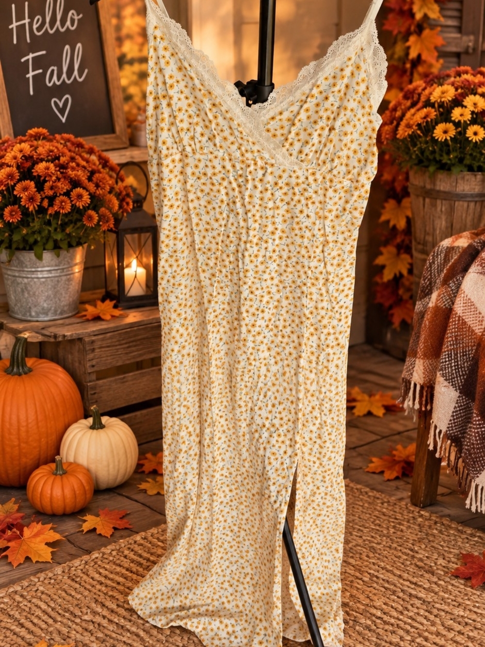 Yellow Ditsy Floral Lace Trim Maxi Slip Dress Size 3/5